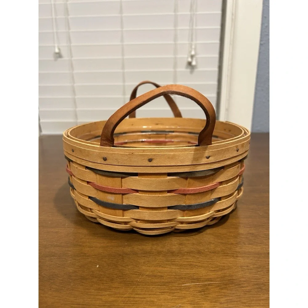 Longaberger 1999 Woven BUTTON BASKET Green Red Blue w/ Liner & Leather Handles
